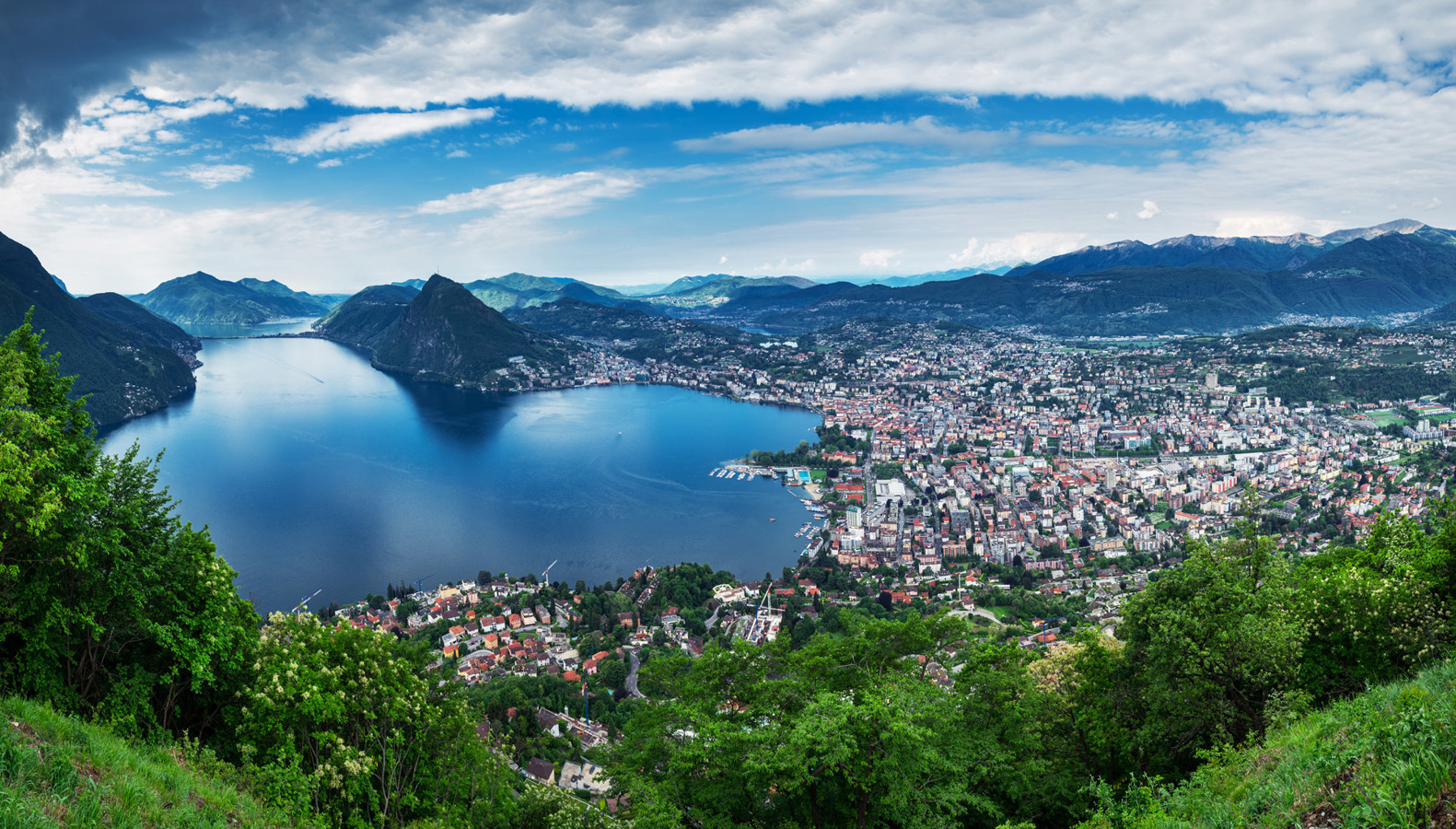   Lugano. Panoramic view of Lake Lugano from Brè Mountain. 