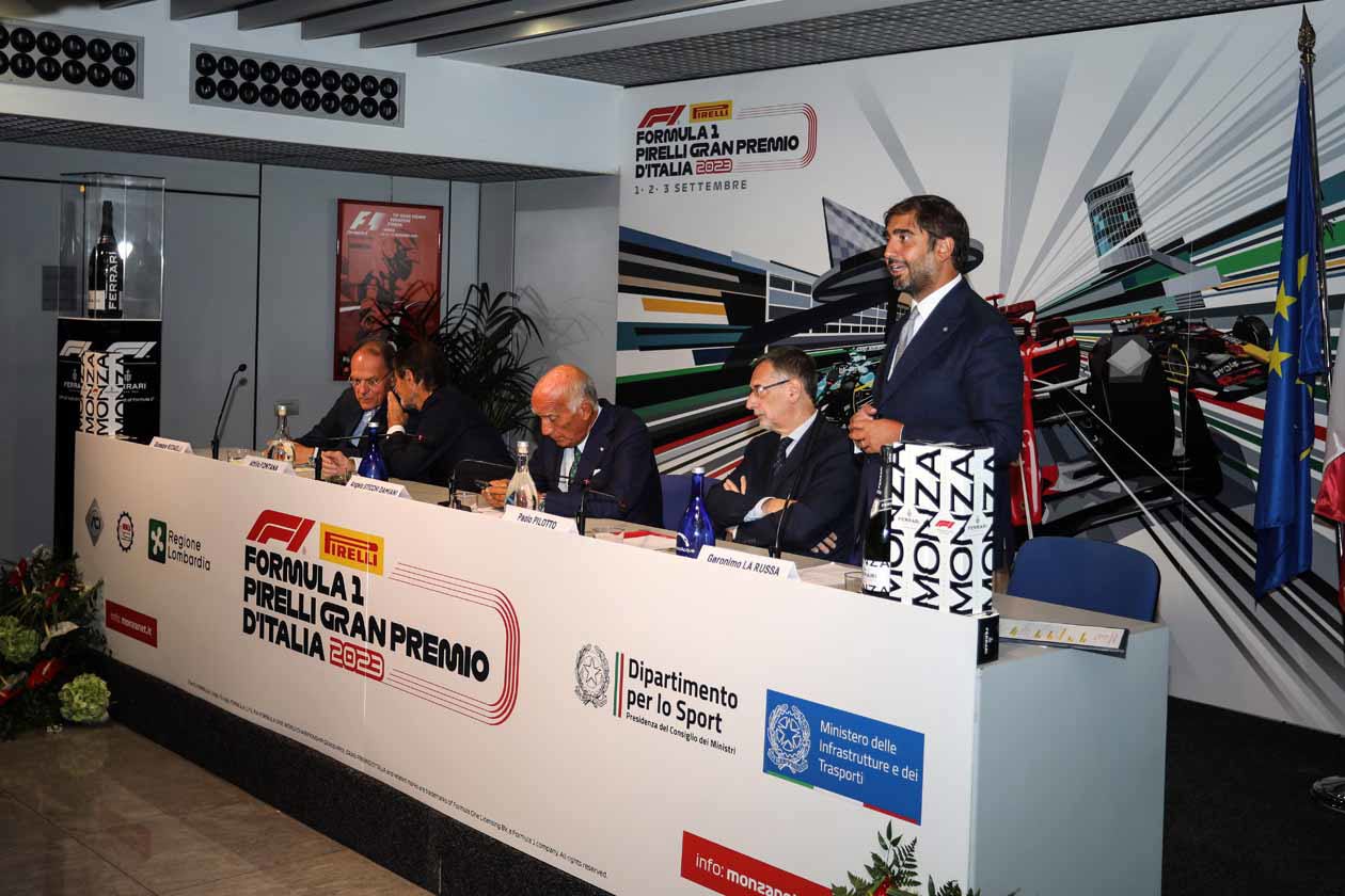 Geronimo La Russa alla Conferenza stampa di presentazione del Formula 1 Pirelli Gran Premio d'Italia 2023 nella Sala Stampa Tazio Nuvolari dell'Autodromo di Monza. Copyright © Autodromo di Monza.