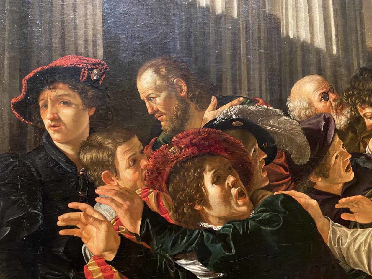 Francesco Boneri detto Cecco del Caravaggio, particolare della Cacciata dei mercanti dal tempio (1613-1615 circa). Autoritratto di Cecco all'estrema sinistra. Foto: Copyright © Avion Tourism Magazine.