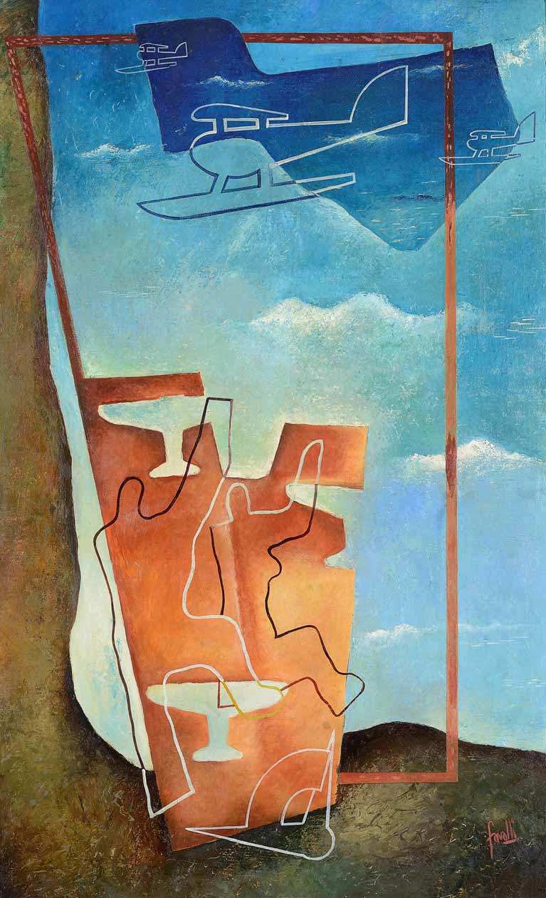 Augusto Favalli, Passaggio sulla base, 1935, olio su tavola, 150x94 cm. Solo per uso editoriale. Copyright © Ufficio stampa Mostra / Galleria Bottegantica
