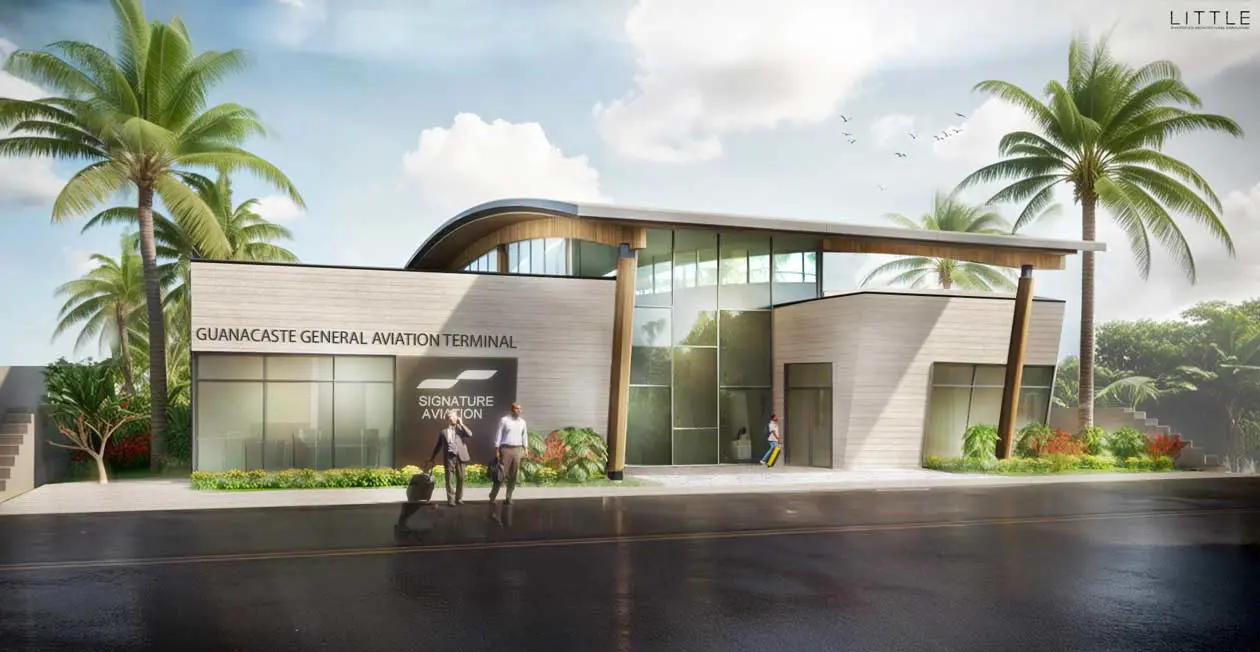 General Aviation Terminal Signature all'Aeroporto Internazionale di Guanacaste (LIR), a Liberia, Costa Rica - rendering dell'esterno Copyright © Signature Aviation