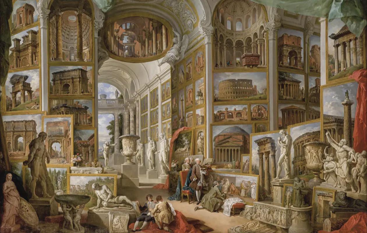 Giovanni Paolo Panini (1691-1765), Galleria di vedute di Roma antica, olio su tela, 1775, Metropolitan Museum of Art, Gwynne Andrews Fund, New York. Copyright © Franco Maria Ricci Editore