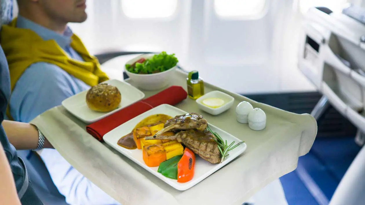 Lunch on board an airplane. Copyright © Sisterscom.com / brokenrecords / Depositphotos