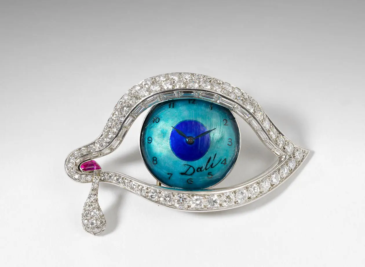 Salvador Dalí, The Eye of Time, 1949, Platinum, natural ruby, diamonds, enamel and clock with Movado 50SP mechanism, 4 x 6 x 1,7 cm © Salvador Dalí, Fundació Gala-Salvador Dalí, Figueres, 2026