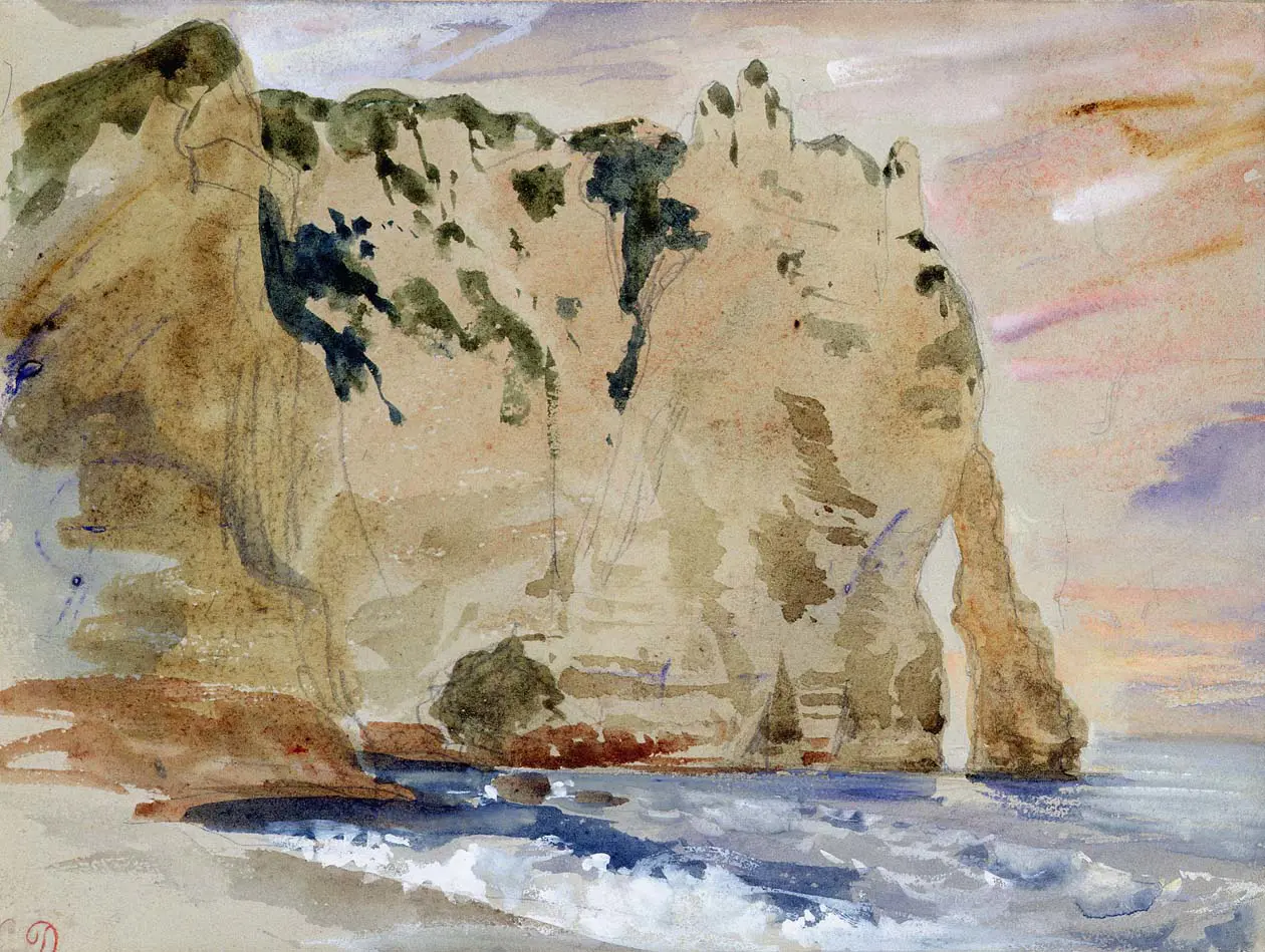 Eugène Delacroix, Étretat, the Porte d’Aval, ca. 1840 or 1846, Pencil, watercolour and gouache on paper, 15x20 cm. Musée Marmottan Monet, Paris, legs Michel Monet, 1966. Inv. 5034 © Musée Marmottan Monet