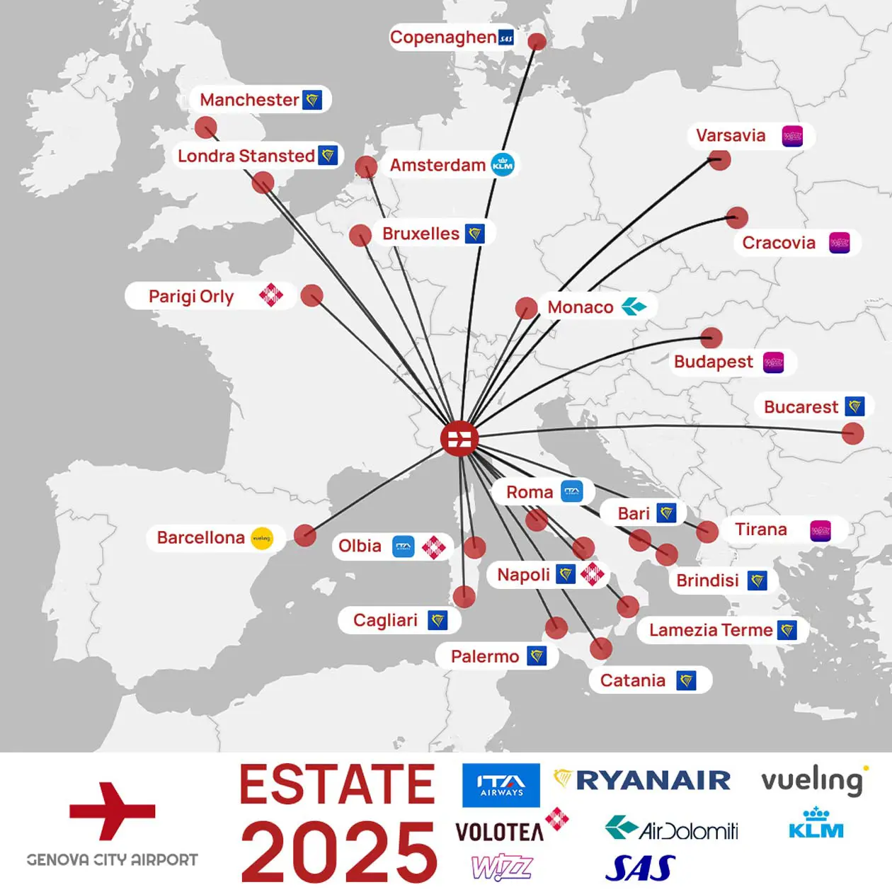 Le destinazioni che si possono raggingere dall'aeroporto di Genova per l'estate 2025 © Ufficio Stampa Aeroporto di Genova