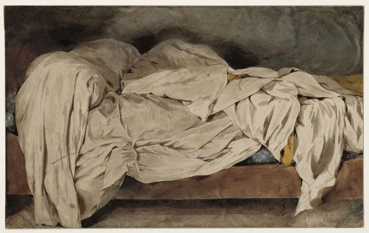 Eugène Delacroix (1798-1863), Le lit défait, Vers 1824, Graphite et aquarelle sur papier, 18,3 x 29,8 cm, Paris, musée national Eugene-Delacroix Copyright © GrandPalaisRmn (musée du Louvre) / Rachel Prat