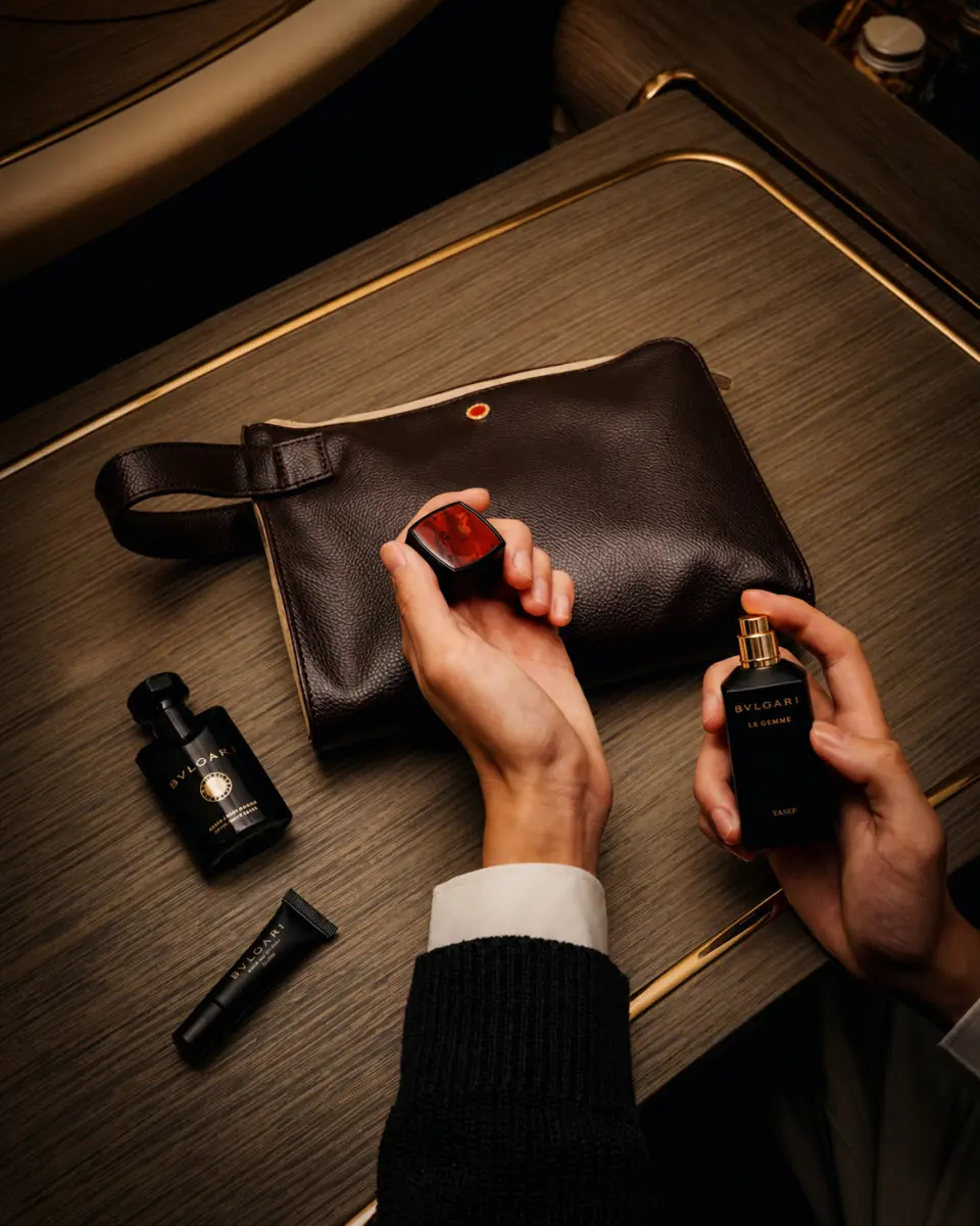Emirates, amenity kit Bulgari First e Business Class Copyright © Emirates Airlines /&nbsp;The Emirates Group