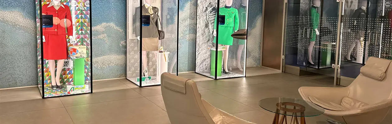 Alitalia uniforms on display in ITA Airways lounges at Fiumicino