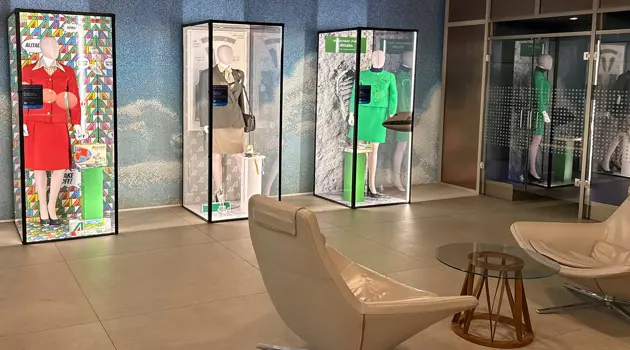 Alitalia uniforms on display in ITA Airways lounges at Fiumicino