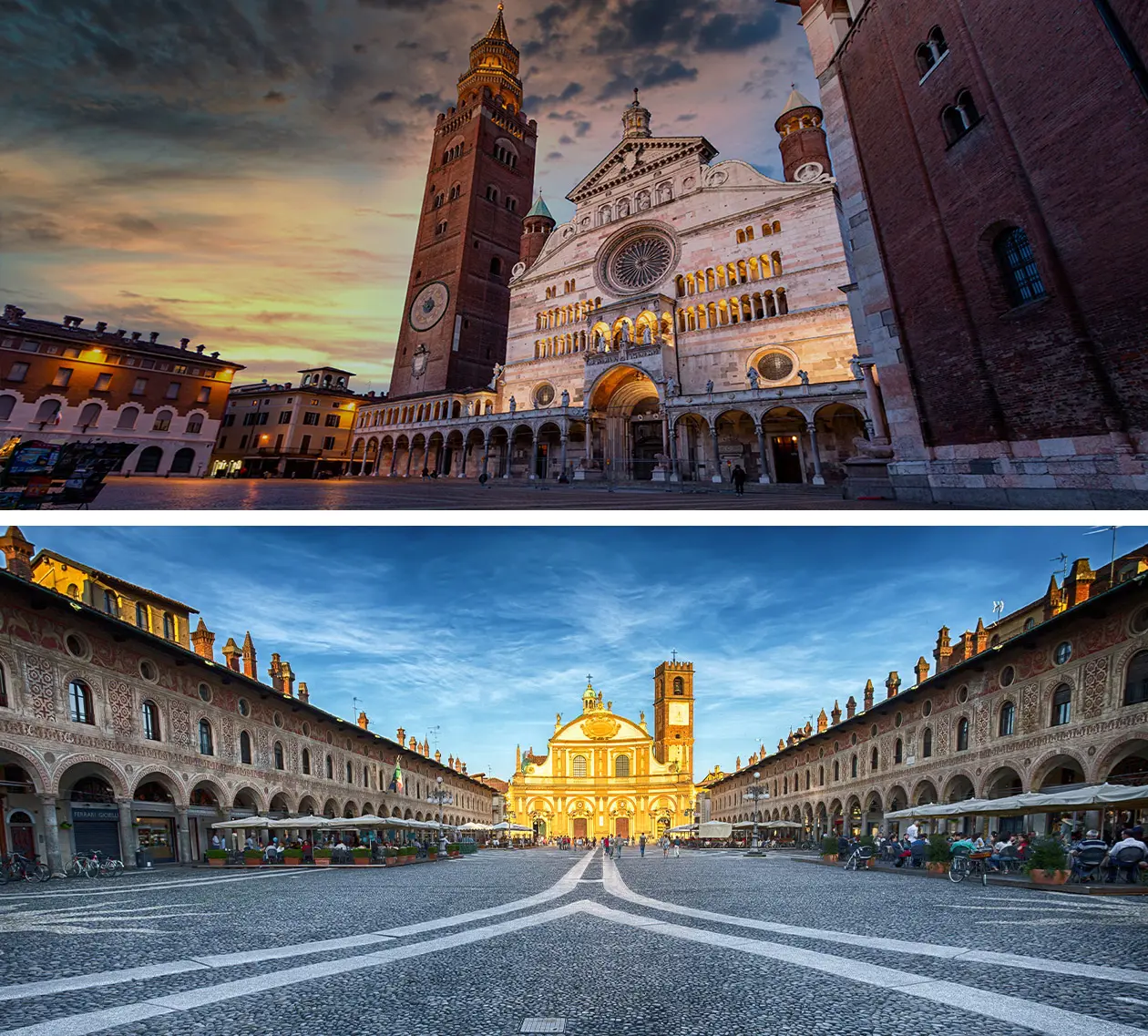 piazza del comune a Cremona e la Piazza Ducale di Vigevano Foto: Copyright © Sisterscom.com / Depositphotos