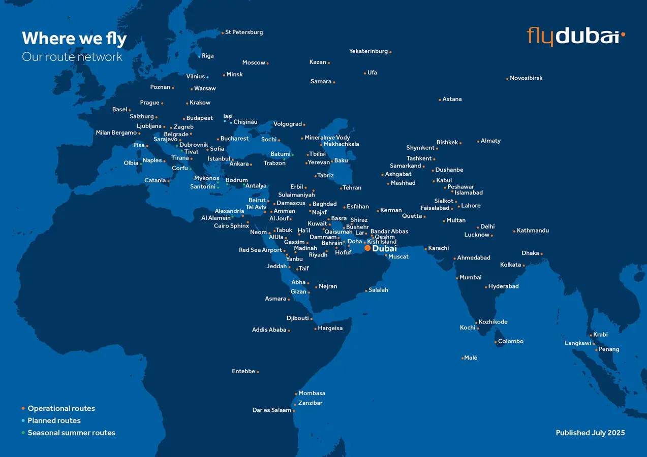Le destinazioni di flydubai (Aprile 2025) foto: Copyright © Flydubai.