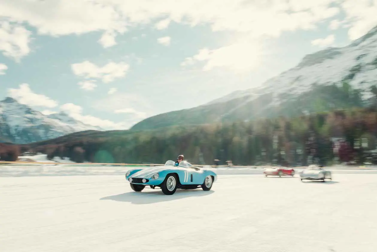 The I.C.E. St. Moritz 2023 Winner Barchettas on the Lake Ferrari 500 Mondial Series II. Copyright © The I.C.E. St. Moritz.