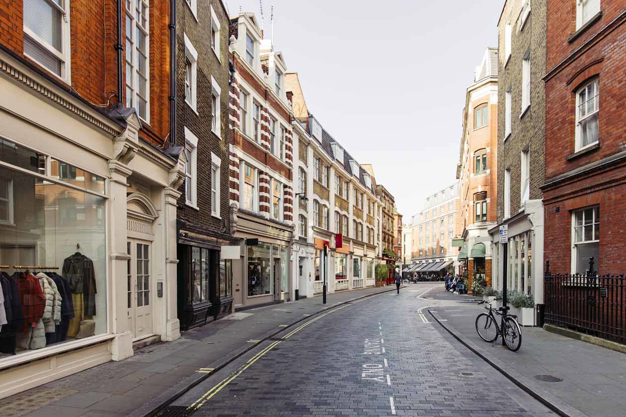 Street with shops and cafes, London, UK