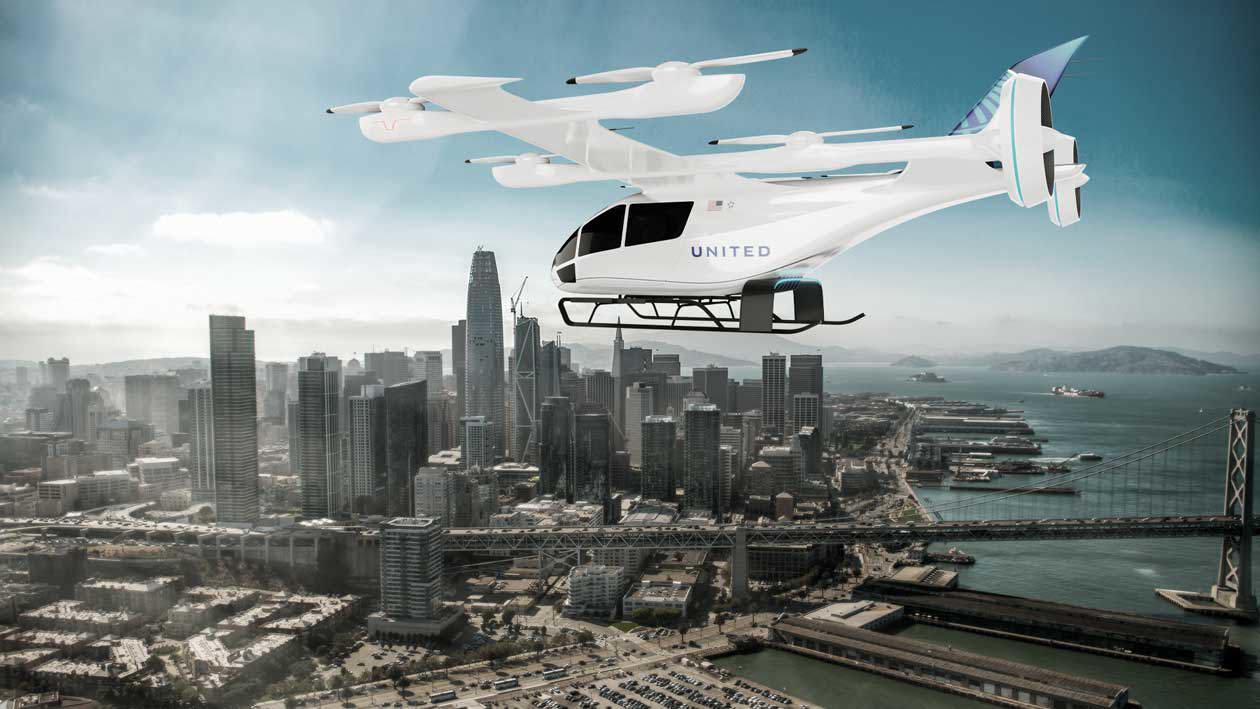 United Airlines - eVTOL di Eve. Copyright © Eve Air Mobility / United.