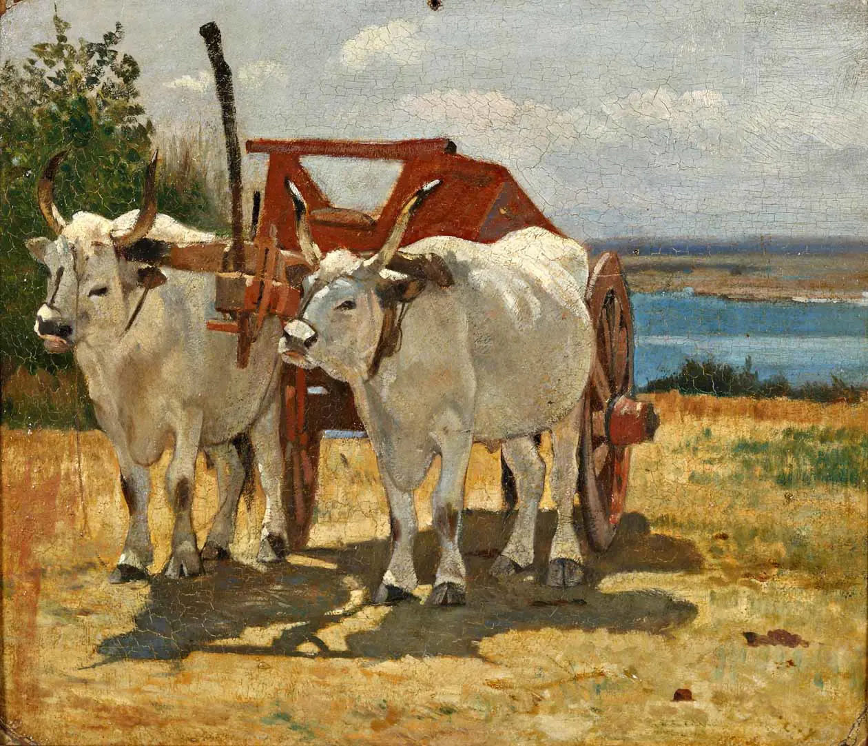 Giovanni Fattori, Bovi al carro, 1868, olio su cartone, Collezione Palazzo Foresti, Carpi.