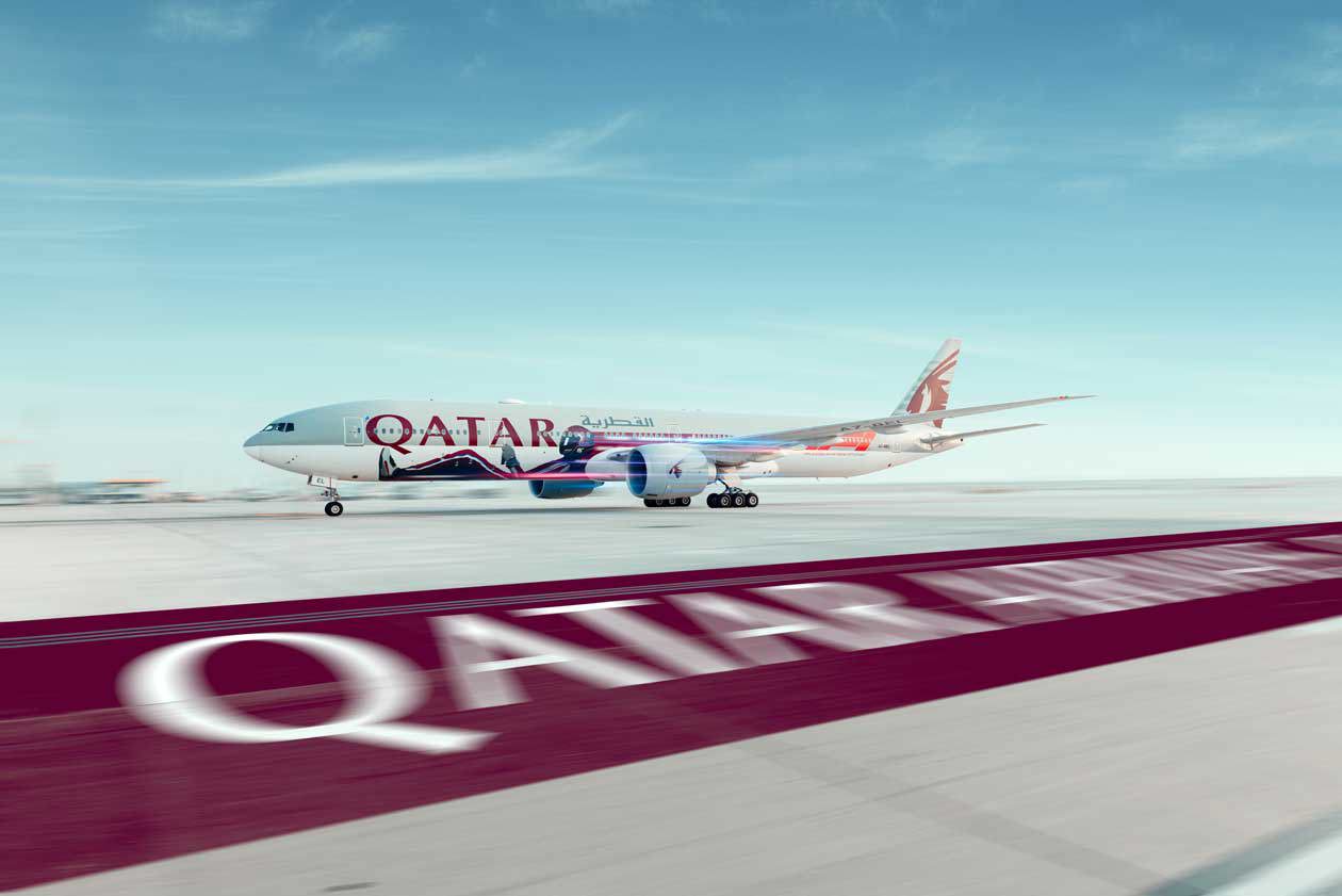 Livrea di Formula 1® dipinta su un aereo Boeing 777 di Qatar Airways . Copyright © Qatar Airways. 