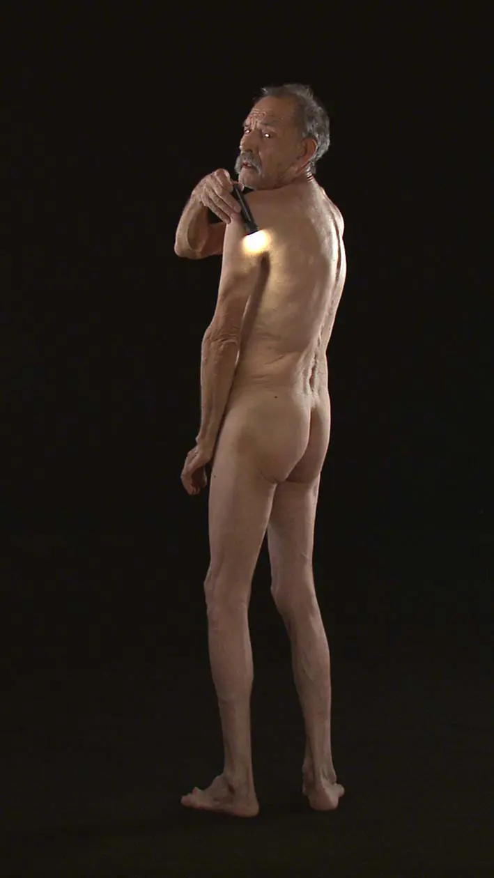 Bill Viola Man Searching for Immortality/Woman Searching for Eternity, 2013 (detail) Video installation Color high-definition video diptych projected on large vertical slabs of black granite leaning on wall, 227x128x5 cm each 18:54 minutes Performers: Luis Accinelli, Penelope Safranek  Photo: Kira Perov © Bill Viola Studio