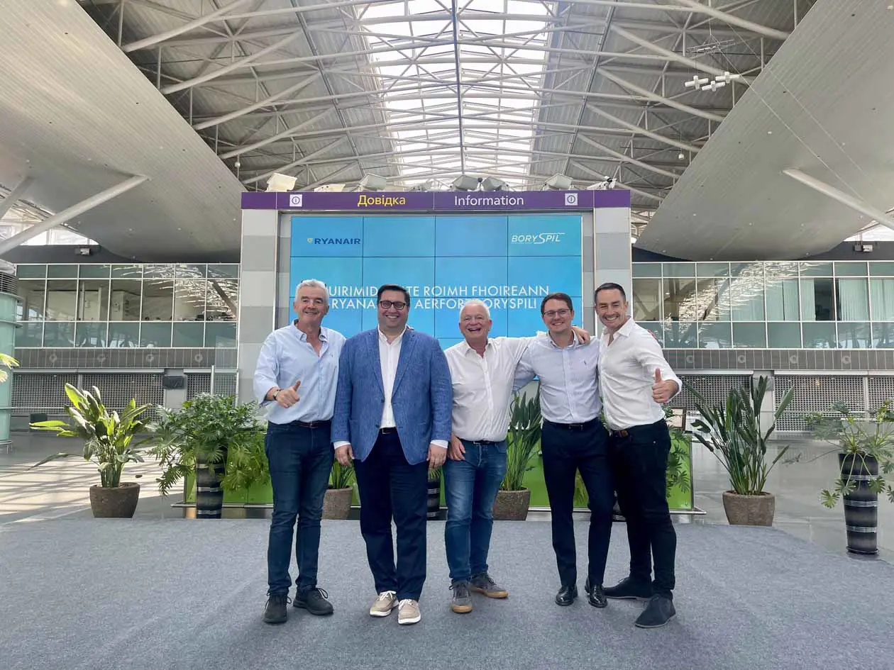 Ryanair Group CEO, Michael O'Leary, CEO of Boryspil Airport, Oleksiy Dubrevskyy, and Ryanair DAC CEO, Eddie Wilson, & Ryanair CCO, Jason McGuinness. Copyright © Ryanair