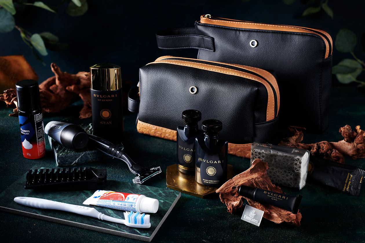 Emirates First Class amenity kits 2023 - tan and black. Copyright © Ufficio Stampa Emirates Airlines / The Emirates Group