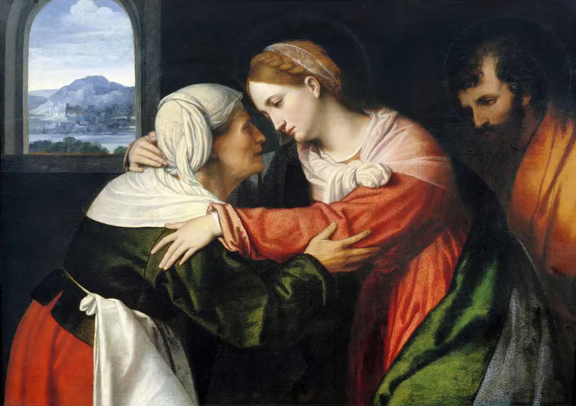   Alessandro Bonvicino detto Moretto, La visitazione, olio su tavola, 66 x 91 cm. Collezione privata