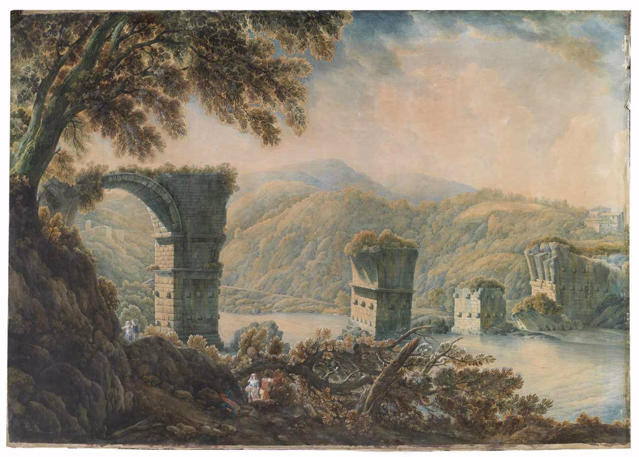 Abraham-Louis-Rodolphe Ducros, Il ponte di Augusto a Narni, 1780 - 85, acquerello su carta marouflée 600 °- 1135 mm, Roma, Galleria W. Apolloni.