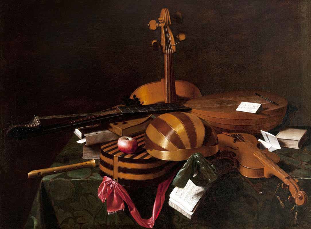   Evaristo Baschenis, Composizione di strumenti musicali, olio su tela, 74 x 99 cm. Collezione privata