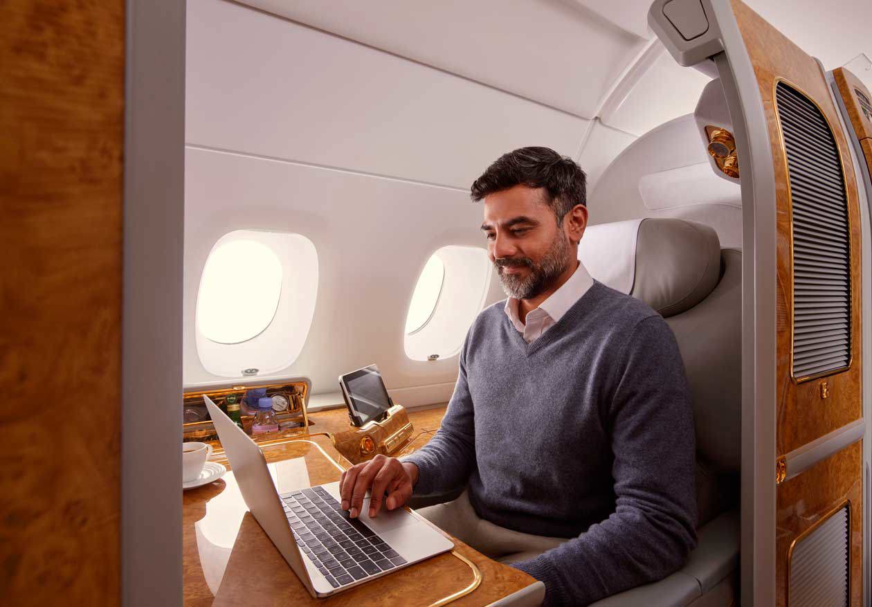 Inflight Wi-Fi for Emirates Skywards members in First Class. © Emirates Airlines / The Emirates Group. 