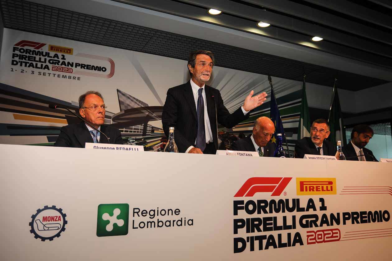 Attilio Fontana alla Conferenza stampa di presentazione del Formula 1 Pirelli Gran Premio d'Italia 2023 nella Sala Stampa Tazio Nuvolari dell'Autodromo di Monza. Copyright © Autodromo di Monza.