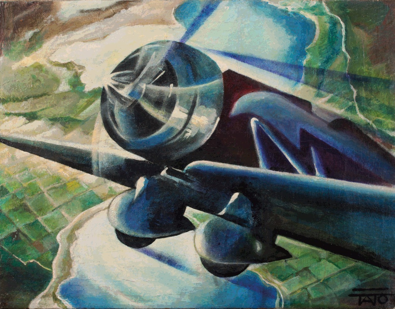 Guglielmo Sansoni (Tato), Canta motore va, olio su tela su masonite, 1934, Collezione privata.