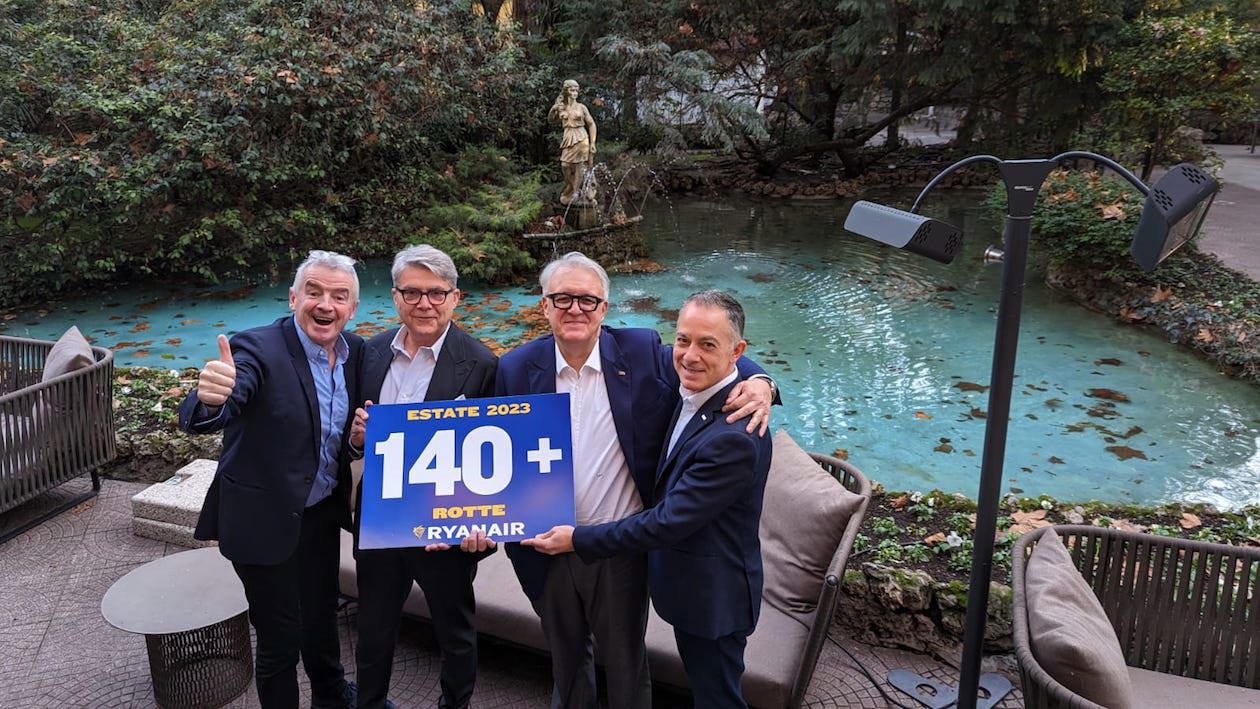 Michael O’Leary, CEO Ryanair Group, Andrea Tucci, VP Aviation Business development Sea, Emilio Bellingardi, General Manager Sacbo, Giacomo Cattaneo, Director of Commercial Aviation Sacbo