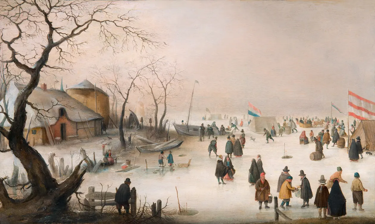 Hendrick Avercamp Paesaggio invernale con cittadini e pattinatori /Winter Landscape with People and Skaters post / after 1610 Olio su tavola, cm 31 × 52,5 / oil on panel, 31 × 52.5 cm Copyright © Ginevra-Parigi / Geneva-Paris, De Jonckheere