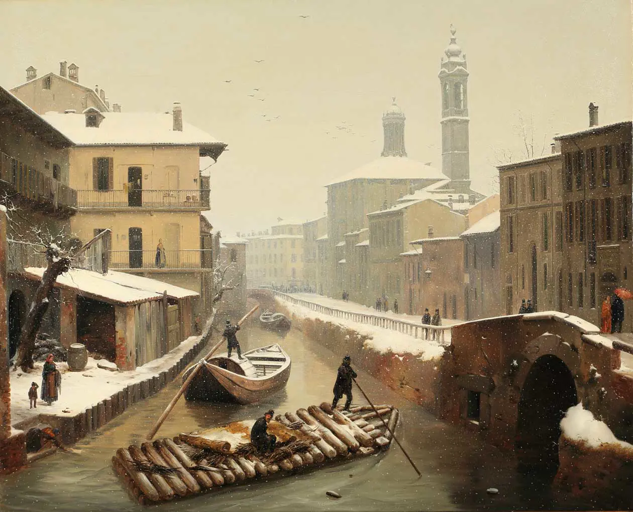 Angelo Inganni, Nevicata ai Navigli, 1852. Olio su tela. Milano Collezione privata. Courtesy Quadreria dell'800.