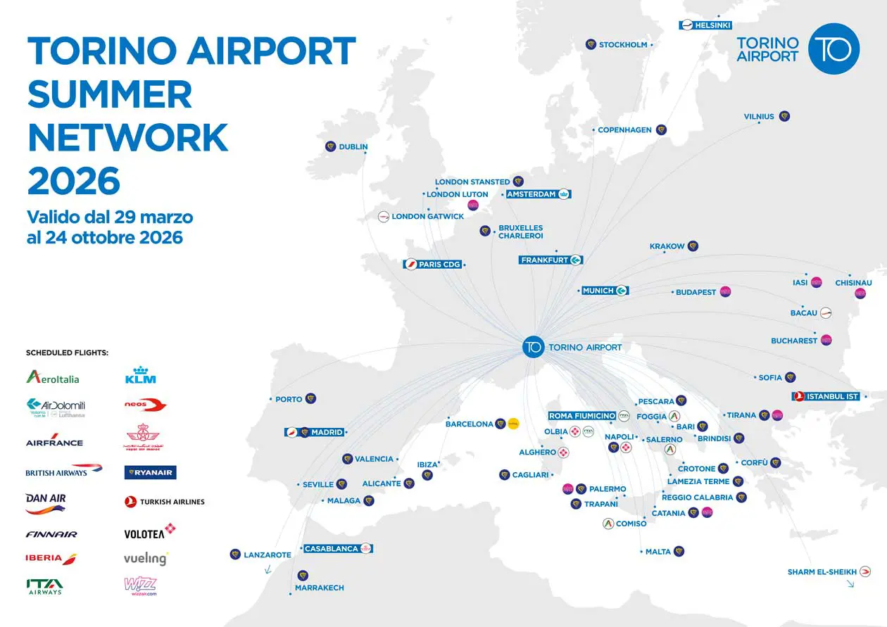 Torino Airport mappa del network destinazioni summer 2026 Copyright © Ufficio Stampa Aeroporto di Torino