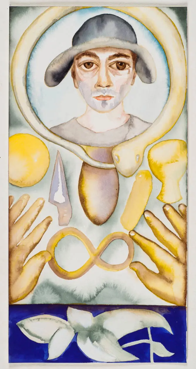 Francesco Clemente, Il Mago, (Ron Arad). Serie dei Tarocchi Arcani Maggiori, 2008-2011, Acquerello e guazzo su carta, 19x9,5 cm. Foto: Copyright © of Francesco Clemente Studio.