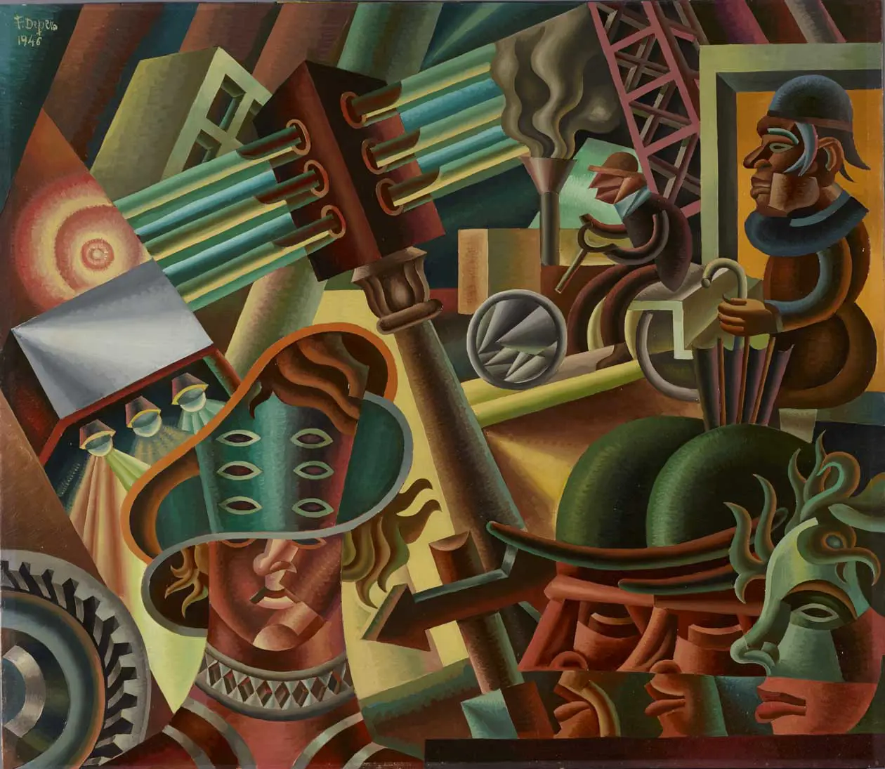 Fortunato Depero (Fondo, TN, 1892 - Rovereto, TN, 1960) - Simultaneità metropolitane, 1946, - olio su tavola, 95,5 x 110 cm Mart, Museo di arte moderna e contemporanea di Trento e Rovereto Fondo Depero © FORTUNATO DEPERO, by SIAE 2026
