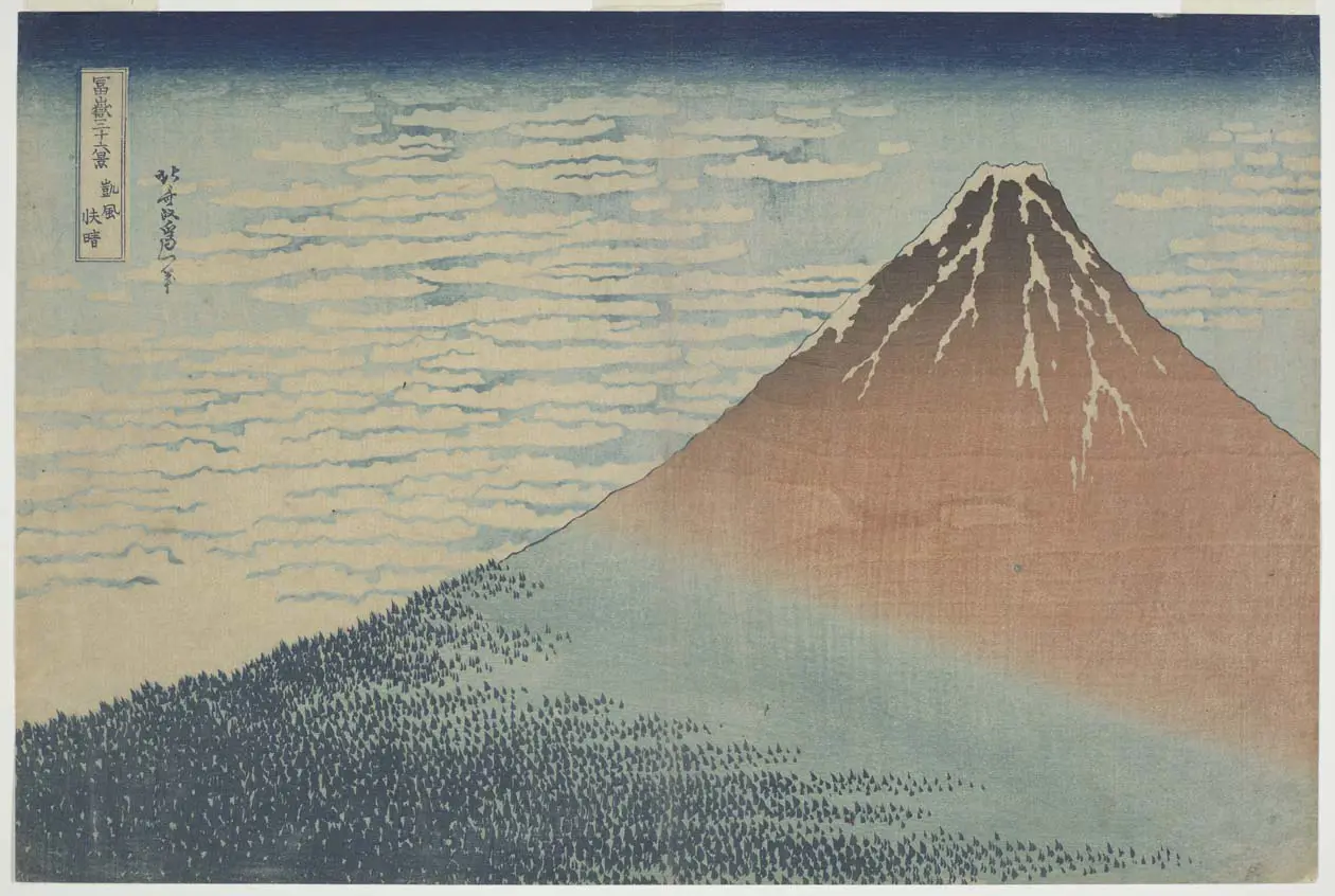 Katsushika Hokusai (1760-1849) Leggero vento, mattina serena, fine 1831 - Serie: “Trentasei vedute del MonteFuji” Stampa xilografica a colori su carta, 25x37,5 cm - Copyright ©  Museo Nazionale di Cracovia