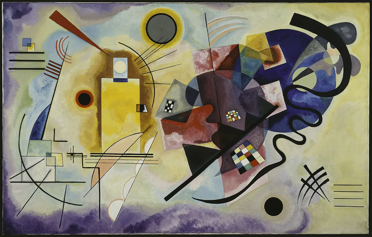 Vassily Kandinsky Gelb-Rot-Blau (Jaune-rouge-bleu)1925 Huile sur toile, 128x201,5 cm Donation Nina Kandinsky, 1976 Collection Centre Pompidou. Domaine public. Photo © Centre Pompidou, MNAM-CCI/Hélène Mauri/Dist. GrandPalaisRmn