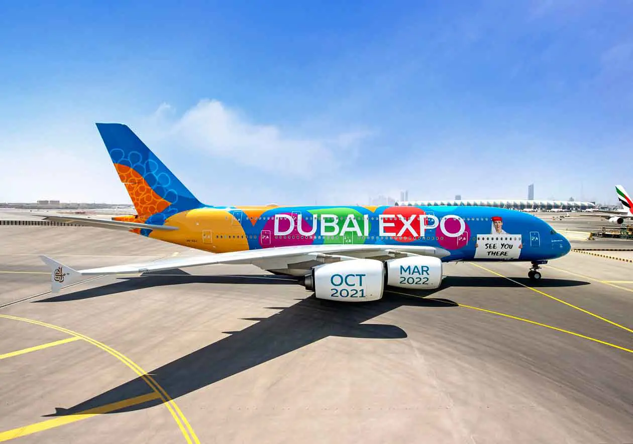 A380 di Emirates con una livrea speciale in volo su Expo.