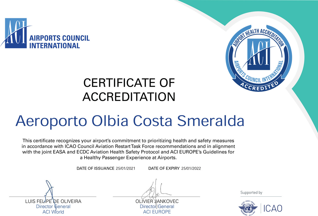 Aeroporto di Olbia certificazione “Airport Health Accreditation”