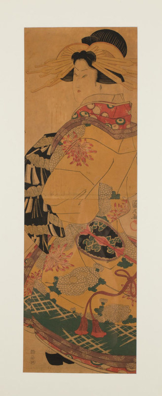 Utagawa Kunimaru (1794-1829) Cortigiana con uchikake a motivo di crisantemi 1820 ca. Dittico verticale di xilografie policrome - Collezione Mariani.