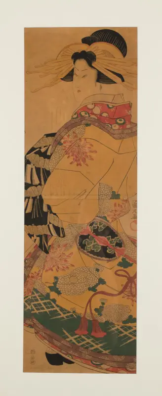 Utagawa Kunimaru (1794-1829) Cortigiana con uchikake a motivo di crisantemi 1820 ca. Dittico verticale di xilografie policrome - Collezione Mariani.