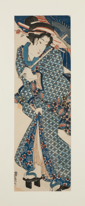 Keisai Eisen (1790-1848) Beltà che incede con ombrello 1830-1844 Dittico verticale di xilografie policrome - Collezione Mariani.