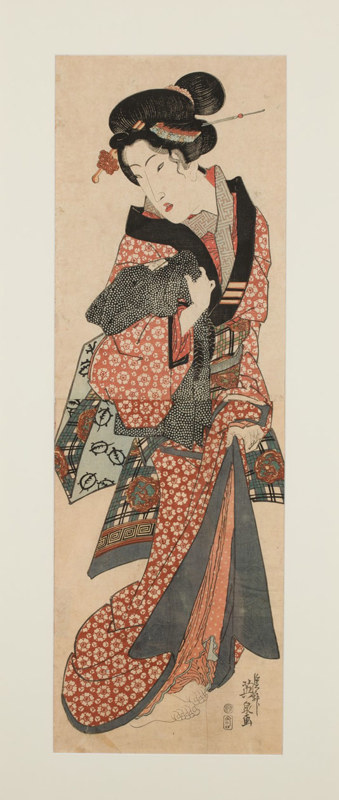 Keisai Eisen (1790-1848) Beltà vestita con kimono a motivo di fiori di ciliegio e obi con disegno di tartarughe 1830-1844 Dittico verticale di xilografie policrome - Collezione Mariani.
