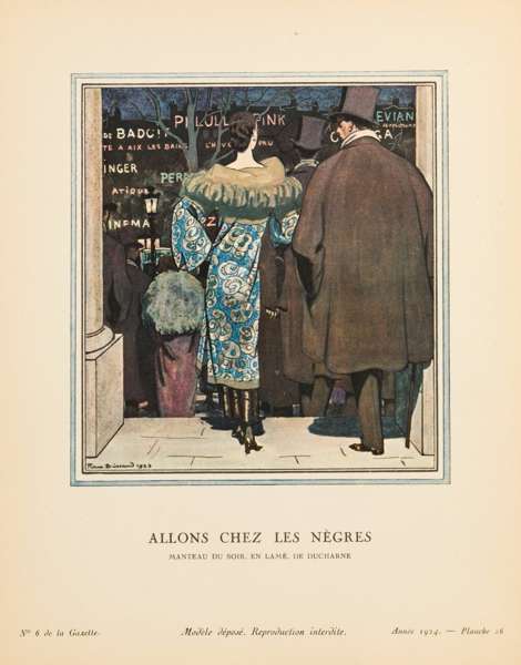 Gazette du Bon Ton, n.6, pl. 26, 1924.  Allons chez les nègres. Manteau du soir en lamè de Ducharne.  Museo del Tessuto, grazie ad un anonimo donatore.